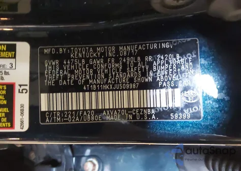 2018 Toyota Camry Le from USA, damaged, VIN 4T1B11HKXJU509987